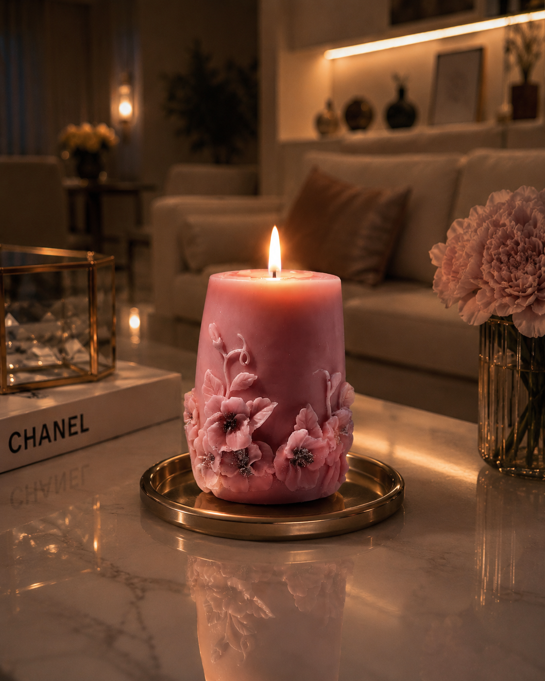 Floral flower pillar candle